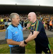 21 July 2018; Roscommon manager Kevin McStay, left, shakes hands with Donegal manager Declan Bonner following the GAA Football All-Ireland Senior Championship Quarter-Final Group 2 Phase 2 match between Roscommon and Donegal at Dr Hyde Park in Roscommon. Photo by David Fitzgerald/Sportsfile