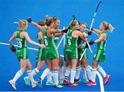 21 July 2018; Shirley McCay of Ireland, second from right, celebrates with team mates after scoring her side's second goal during the Women's Hockey World Cup Finals Group B match between Ireland and USA at Lee Valley Hockey Centre in QE Olympic Park, London, England. Photo by Craig Mercer/Sportsfile