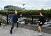 23 July 2018; As I Am, Charity Partner of the Arsenal V Chelsea match in the Aviva Stadium, launch fund raising Keepie Uppie competition with the help of former Chelsea player Damien Duff and freestyle footballer Malachy Crann from Stillorgan, Dublin. Pictured are Damien Duff, left, and Malachy Crann during the launch at the Aviva Stadium in Dublin.  Photo by Sam Barnes/Sportsfile