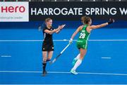 21 July 2018; Deirdre Duke of Ireland celebrates scoring her side's first goal during the Women's Hockey World Cup Finals Group B match between Ireland and USA at Lee Valley Hockey Centre in QE Olympic Park, London, England.  Photo by Craig Mercer/Sportsfile