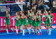 21 July 2018; Ireland players celebrate following the Women's Hockey World Cup Finals Group B match between Ireland and USA at Lee Valley Hockey Centre in QE Olympic Park, London, England.  Photo by Craig Mercer/Sportsfile