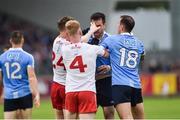 21 July 2018; Kieran McGeary, left, and Hugh Pat McGeary of Tyrone and Michael Darragh Macauley of Dublin tussle during the GAA Football All-Ireland Senior Championship Quarter-Final Group 2 Phase 2 match between Tyrone and Dublin at Healy Park in Omagh, Tyrone. Photo by Oliver McVeigh/Sportsfile
