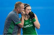 21 July 2018; Ireland Head Coach Graham Shaw talks with Roisin Upton of Ireland during the Women's Hockey World Cup Finals Group B match between Ireland and USA at Lee Valley Hockey Centre in QE Olympic Park, London, England.  Photo by Craig Mercer/Sportsfile