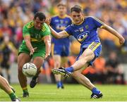 21 July 2018; Brian Stack of Roscommon shoots at goal despite the attention of Frank McGlynn of Donegal during the GAA Football All-Ireland Senior Championship Quarter-Final Group 2 Phase 2 match between Roscommon and Donegal at Dr.Hyde Park in Roscommon. Photo by Ramsey Cardy/Sportsfile