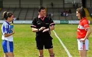 21 July 2018; Referee Stephen McNulty performs the coin toss in the company of team captains Sharon Courtney of Monaghan, left, and Ciara O'Sullivan of Cork prior to the TG4 All-Ireland Senior Championship Group 2 Round 2 match between Cork and Monaghan at St Brendan's Park in Birr, Co. Offaly.  Photo by Brendan Moran/Sportsfile