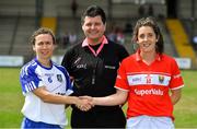 21 July 2018; Team captains Sharon Courtney of Monaghan, left, and Ciara O'Sullivan of Cork shake hands in the company of referee Stephen McNulty prior to the TG4 All-Ireland Senior Championship Group 2 Round 2 match between Cork and Monaghan at St Brendan's Park in Birr, Co. Offaly.  Photo by Brendan Moran/Sportsfile