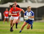 21 July 2018; Aoife McAnespie of Monaghan in action against Aine O'Sullivan of Cork during the TG4 All-Ireland Senior Championship Group 2 Round 2 match between Cork and Monaghan at St Brendan's Park in Birr, Co. Offaly.  Photo by Brendan Moran/Sportsfile