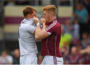 22 July 2018; Seán Andy Ó Ceallaigh of Galway and Paul Cribbin of Kildare tussle before the GAA Football All-Ireland Senior Championship Quarter-Final Group 1 Phase 2 match between Kildare and Galway at St Conleth's Park in Newbridge, Co Kildare. Photo by Piaras Ó Mídheach/Sportsfile