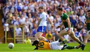 22 July 2018; Conor McManus of Monaghan scores his side's first goal past Kerry goalkeeper Brian Kelly and Mark Griffin during the GAA Football All-Ireland Senior Championship Quarter-Final Group 1 Phase 2 match between Monaghan and Kerry at St Tiernach's Park in Clones, Monaghan. Photo by Brendan Moran/Sportsfile
