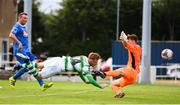22 July 2018; Gary Shaw of Shamrock Rovers scores his side's first goal past Waterford goalkeeper Matthew Connor during the SSE Airtricity League Premier Division match between Waterford and Shamrock Rovers at the RSC in Waterford. Photo by Stephen McCarthy/Sportsfile