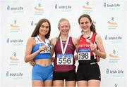 22 July 2018; Aimee Hayde, centre, from Newport A.C. Co Tipperary after she won the girls under-16 1500m with second place Ava O'Connor, left, from Tullamore Harriers A.C. Co Offaly and third place Cara Laverty from City of Derry A.C. Spartans  during Irish Life Health National T&F Juvenile Day 3 at Tullamore Harriers Stadium in Tullamore, Co Offaly. Photo by Matt Browne/Sportsfile