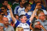 22 July 2018; A Monaghan supporter celebrates an early goal during the GAA Football All-Ireland Senior Championship Quarter-Final Group 1 Phase 2 match between Monaghan and Kerry at St Tiernach's Park in Clones, Monaghan. Photo by Ramsey Cardy/Sportsfile