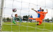 22 July 2018; Gary Shaw of Shamrock Rovers heads his side's goal past Waterford goalkeeper Matthew Connor during the SSE Airtricity League Premier Division match between Waterford and Shamrock Rovers at the RSC in Waterford. Photo by Stephen McCarthy/Sportsfile