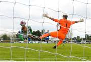 22 July 2018; Gary Shaw of Shamrock Rovers heads his side's goal past Waterford goalkeeper Matthew Connor during the SSE Airtricity League Premier Division match between Waterford and Shamrock Rovers at the RSC in Waterford. Photo by Stephen McCarthy/Sportsfile