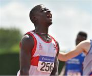 22 July 2018; Israel Olatunde from Dundealgan A.C.Co Louth celebrates after he won the boys under-17 200m during Irish Life Health National T&F Juvenile Day 3 at Tullamore Harriers Stadium in Tullamore, Co Offaly. Photo by Matt Browne/Sportsfile