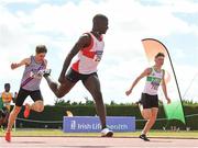 22 July 2018; Israel Olatunde from Dundealgan A.C.Co Louth who won the boys under-17 200m from second place Sean Lestrange from Raheny Shamrock A.C. Co Dublin and third place Gavin Doran from Dundrum South Dublin A.C Co Dublin during Irish Life Health National T&F Juvenile Day 3 at Tullamore Harriers Stadium in Tullamore, Co Offaly. Photo by Matt Browne/Sportsfile