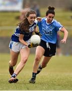 21 July 2018; Catherine Dolan of Cavan in action against Lauren Magee of Dublin during the TG4 All-Ireland Senior Championship Group 4 Round 2 match between Cavan and Dublin at Lannleire GFC in Dunleer, Co. Louth. Photo by Oliver McVeigh/Sportsfile
