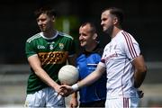 21 July 2018; Kerry captain Kieran Murphy and Galway captain Maghnus Breathnach exchange a handshake in the company of referee Brendan Cawley prior to the GAA Football All-Ireland Junior Championship Final match between Kerry and Galway at Cusack Park in Ennis, Co. Clare. Photo by Diarmuid Greene/Sportsfile