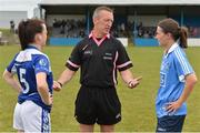 21 July 2018; Referee Brendan Rice, with captains, Sinead Greene, left, of Cavan and Sinead Aherne of Dublin prior to the TG4 All-Ireland Senior Championship Group 4 Round 2 match between Cavan and Dublin at Lannleire GFC in Dunleer, Co. Louth. Photo by Oliver McVeigh/Sportsfile