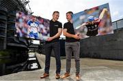 25 July 2018; In attendance at the launch of the EirGrid Moments in Time competition are Monaghan footballer Colin Walshe, left, and former Galway hurler Damien Hayes with their chosen GAA Moments in Time. Eirgrid, now in its third year as the official timing partner to the GAA, works closely with communities around Ireland every day and the organisation wants to ensure that these communities have a chance to benefit because of their partnership with the GAA. EirGird is calling on all GAA supporters throughout the country to submit their favourite image of a GAA Moment in Time be it on the pitch as a player, as a volunteer in a club or as a supporter on the side line to be in with a chance to win a digital clock and scoreboard for their club. For information on how to enter please see www.eirgridgroup.com. Photo by Sam Barnes/Sportsfile