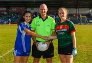 25 July 2018; Laois captain Julia Cahill and Mayo captain Tara Needham exchange a handshake in the company of referee Shane Curley prior to the All-Ireland Ladies Football U16 B Championship Final between Laois and Mayo at Duggan Park in Ballinasloe, Co. Galway. Photo by Diarmuid Greene/Sportsfile