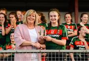 25 July 2018; Leah Johnston of Mayo is presented with the Player of the Match award by LGFA President Marie Hickey after the All-Ireland Ladies Football U16 B Championship Final between Laois and Mayo at Duggan Park in Ballinasloe, Co. Galway. Photo by Diarmuid Greene/Sportsfile