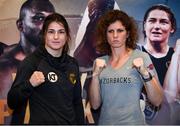 26 July 2018; Katie Taylor and Kimberly Connor square off following a press conference, at Canary Riverside Plaza Hotel, ahead of their WBA & IBF World Lightweight Championship bout on Saturday night at The O2 Arena in London. Photo by Stephen McCarthy/Sportsfile