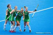 26 July 2018; Ireland players celebrate their side's victory in the Women's Hockey World Cup Finals Group B match between Ireland and India at Lee Valley Hockey Centre in QE Olympic Park, London, England. Photo by Craig Mercer/Sportsfile