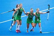 26 July 2018; Ireland players celebrate their side's victory in the Women's Hockey World Cup Finals Group B match between Ireland and India at Lee Valley Hockey Centre in QE Olympic Park, London, England. Photo by Craig Mercer/Sportsfile