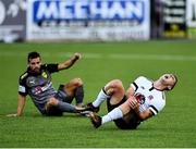 26 July 2018; Dylan Connolly of Dundalk reacts after being fouled by Hector Hevel of AEK Larnaca during the UEFA Europa League 2nd Qualifying Round First Leg match between Dundalk and AEK Larnaca at Oriel Park in Dundalk, Co. Louth. Photo by Seb Daly/Sportsfile