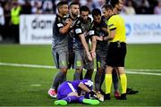 26 July 2018; AEK Larnaca players, from left Joan Truyols, Igor Silva, Hector Hevel and Larena Jorge remonstrate with referee Harald Lechner following a foul on goalkeeper Toño Ramírez during the UEFA Europa League 2nd Qualifying Round First Leg match between Dundalk and AEK Larnaca at Oriel Park in Dundalk, Co. Louth. Photo by Seb Daly/Sportsfile