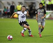 26 July 2018; Nacho Cases of AEK Larnaca in action against Robbie Benson of Dundalk during the UEFA Europa League 2nd Qualifying Round First Leg match between Dundalk and AEK Larnaca at Oriel Park in Dundalk, Co. Louth. Photo by David Fitzgerald/Sportsfile