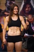 27 July 2018; Katie Taylor weighs in, at Spitalfields Market, prior to her WBA & IBF World Lightweight Championship bout with Kimberly Connor on Saturday night at The O2 Arena in London. Photo by Stephen McCarthy/Sportsfile