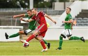 27 July 2018; Karl Sheppard of Cork City scores his side's third goal despite the efforts of Rhys Gorman of Bray Wanderers, as team-mate Conor Kenna looks on, during the SSE Airtricity League Premier Division match between Bray Wanderers and Cork City at the Carlisle Grounds in Bray, Co Wicklow. Photo by Piaras Ó Mídheach/Sportsfile