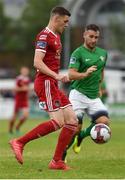 27 July 2018; Garry Buckley of Cork City in action against Sean Harding of Bray Wanderers during the SSE Airtricity League Premier Division match between Bray Wanderers and Cork City at the Carlisle Grounds in Bray, Co Wicklow. Photo by Piaras Ó Mídheach/Sportsfile
