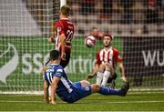 27 July 2018; Ryan Brennan of St Patrick's Athletic goes around Gerard Doherty of Derry City only to see his shot saved on the line by Jamie McDonagh of Derry City during the SSE Airtricity League Premier Division match between Derry City and St Patrick's Athletic at the Brandywell in Derry. Photo by Oliver McVeigh/Sportsfile