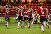 27 July 2018; Rory Patterson of Derry City, centre, celebrates with teammates after scoring his side's second goal in added time during the SSE Airtricity League Premier Division match between Derry City and St Patrick's Athletic at the Brandywell in Derry. Photo by Oliver McVeigh/Sportsfile