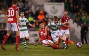 27 July 2018; Brandon Kavanagh is tackled by John Mahon of Sligo Rovers during the SSE Airtricity League Premier Division match between Shamrock Rovers and Sligo Rovers at Tallaght Stadium in Tallaght, Co Dublin. Photo by Harry Murphy/Sportsfile