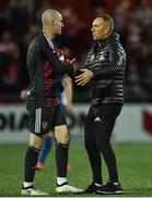 27 July 2018; Derry City manager Kenny Shiels congratulates goalkeeper Gerard Doherty of Derry City after the SSE Airtricity League Premier Division match between Derry City and St Patrick's Athletic at the Brandywell in Derry. Photo by Oliver McVeigh/Sportsfile