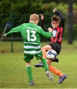 28 July 2018; Taylor McCarty of St Kevin's, right, in action against James O’Neil of Evergreen, during Ireland's premier underaged soccer tournament, the Volkswagen Junior Masters. The competition sees U13 teams from around Ireland compete for the title and a €2,500 prize for their club, over the days of July 28th and 29th, at AUL Complex in Dublin. Photo by Seb Daly/Sportsfile
