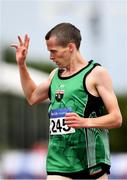 28 July 2018; Adam Kirk-Smith of Derry Track Club, Co. Derry, acknowledges the crowd after winning the Senior Men 3000m S/C event during the Irish Life Health National Senior T&F Championships Day 1 at Morton Stadium in Santry, Dublin. Photo by Sam Barnes/Sportsfile