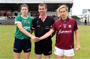 28 July 2018; Laura Lee Walsh of Westmeath shakes hands with Tracey Leonard of Galway with referee Kevin Corcoran prior to the TG4 All-Ireland Ladies Football Senior Championship qualifier Group 3 Round 3 match between Westmeath and Galway at Duggan Park in Ballinasloe, Galway. Photo by Harry Murphy/Sportsfile
