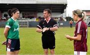 28 July 2018; Referee Kevin Corcoran tosses the coin for captains Laura Lee Walsh of Westmeath and Tracey Leonard of Galway prior to the TG4 All-Ireland Ladies Football Senior Championship qualifier Group 3 Round 3 match between Westmeath and Galway at Duggan Park in Ballinasloe, Galway. Photo by Harry Murphy/Sportsfile