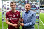28 July 2018: Pictured is Tony Dunlea, Electric Ireland Business Markets Sales Manager at the Electric Ireland GAA Minor Championships, presenting Donal O'Shea of Galway with the Player of the Match award for his major performance in the Electric Ireland GAA Minor Hurling Championship Semi-Final. Throughout the Championships, fans can follow the conversation, vote for their player of the week, support the Minors and be a part of something major through the hashtag #GAAThisIsMajor. Photo by Ray McManus/Sportsfile