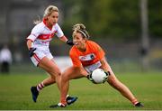 28 July 2018; Sharon Reel of Armagh in action against Orla Finn of Cork during the TG4 All-Ireland Ladies Football Senior Championship qualifier Group 2 Round 3 match between Armagh and Cork at Duggan Park in Ballinasloe, Galway. Photo by Harry Murphy/Sportsfile