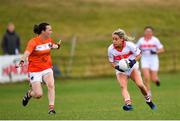 28 July 2018; Orla Finn of Cork in action against Sarah Marley of Armagh during the TG4 All-Ireland Ladies Football Senior Championship qualifier Group 2 Round 3 match between Armagh and Cork at Duggan Park in Ballinasloe, Galway. Photo by Harry Murphy/Sportsfile