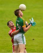 28 July 2018; Cian McBride of Meath in action against Niall Doyle of Derry during the Electric Ireland GAA Football All-Ireland Minor Championship Quarter-Final match between Meath and Derry at the Athletic Grounds in Armagh. Photo by Oliver McVeigh/Sportsfile
