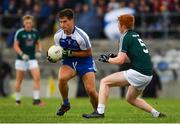 28 July 2018; Andrew Moore of Monaghan in action against Nick Jackman of Kildare during the Electric Ireland GAA Football All-Ireland Minor Championship Quarter-Final match between Monaghan and Kildare at TEG Cusack Park in Mullingar, Westmeath. Photo by Piaras Ó Mídheach/Sportsfile