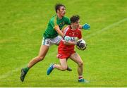 28 July 2018; Conleth McGuckian of Derry in action against Sean Coffey of Meath during the Electric Ireland GAA Football All-Ireland Minor Championship Quarter-Final match between Meath and Derry at the Athletic Grounds in Armagh. Photo by Oliver McVeigh/Sportsfile