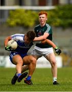 28 July 2018; Andrew Moore of Monaghan in action against Sam Reilly of Kilare during the Electric Ireland GAA Football All-Ireland Minor Championship Quarter-Final match between Monaghan and Kildare at TEG Cusack Park in Mullingar, Westmeath. Photo by Piaras Ó Mídheach/Sportsfile